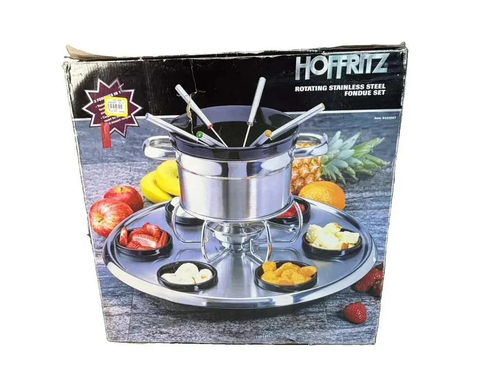 NIB Rotating Hoffritz Deluxe 18/10 Stainless Steel Fondue Set w/6 Forks  #402067
